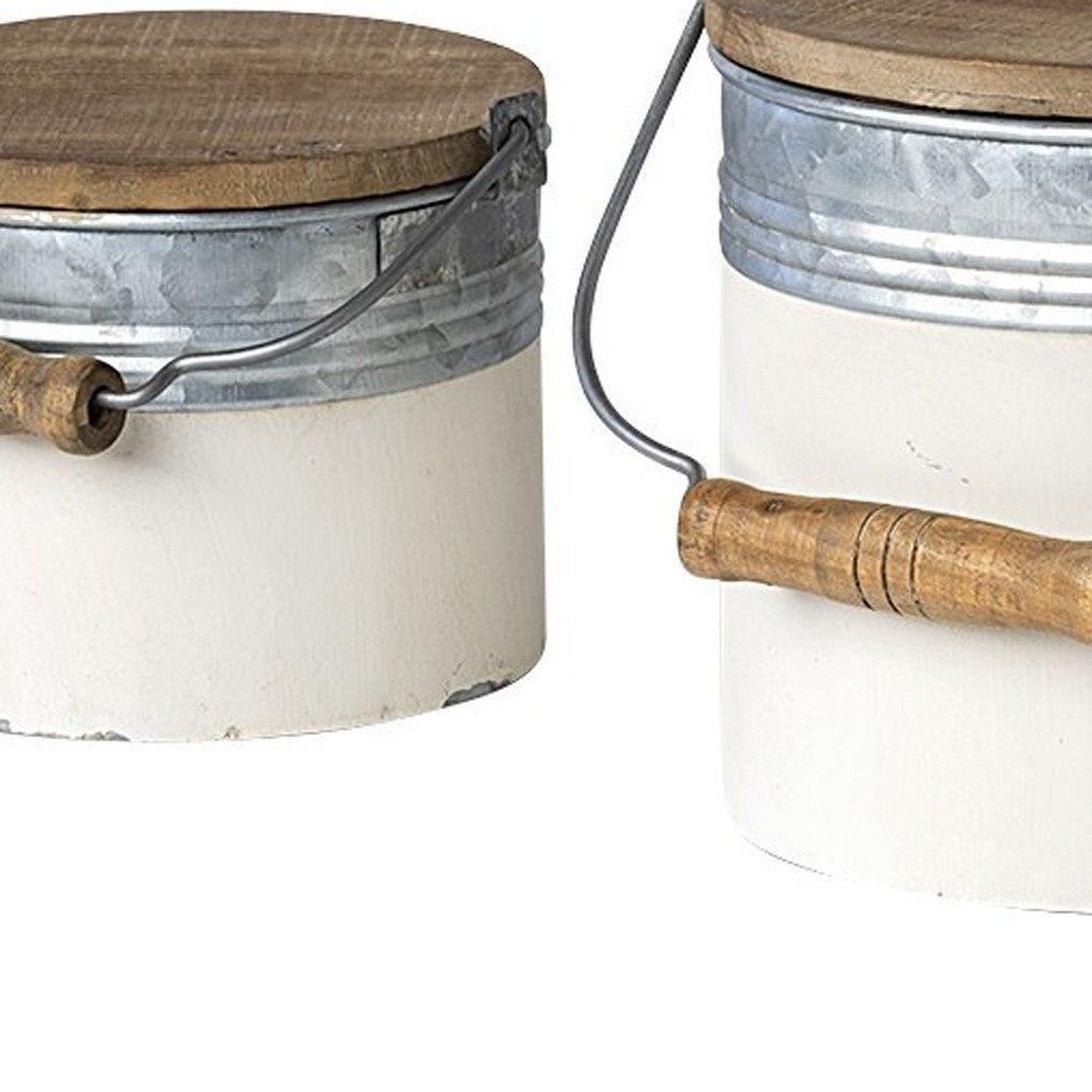 Set of Three White Gray And Brown Metal And Solid Wood Storage Buckets With Lid