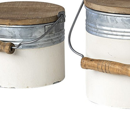 Set of Three White Gray And Brown Metal And Solid Wood Storage Buckets With Lid