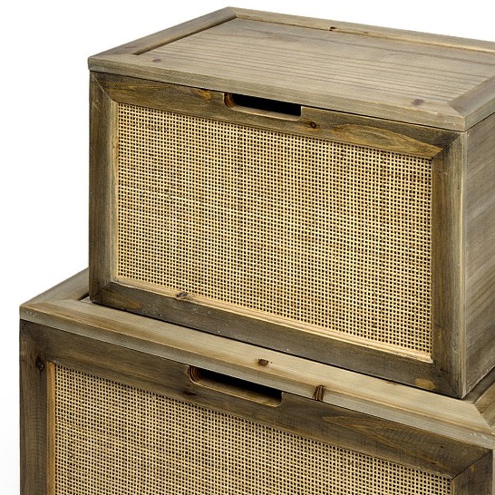 Set of Two Brown And Natural Cane And Solid Wood Box With Lid