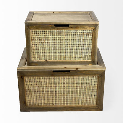 Set of Two Brown And Natural Cane And Solid Wood Box With Lid