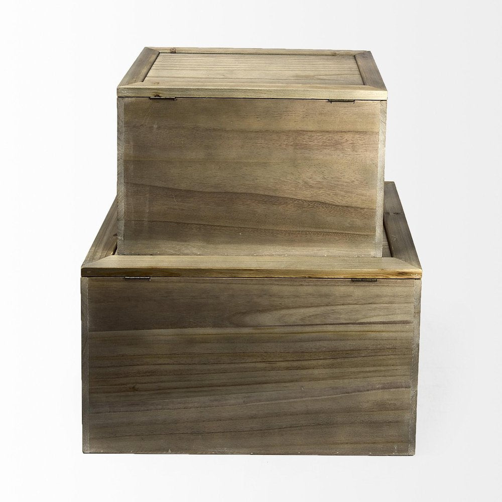 Set of Two Brown And Natural Cane And Solid Wood Box With Lid