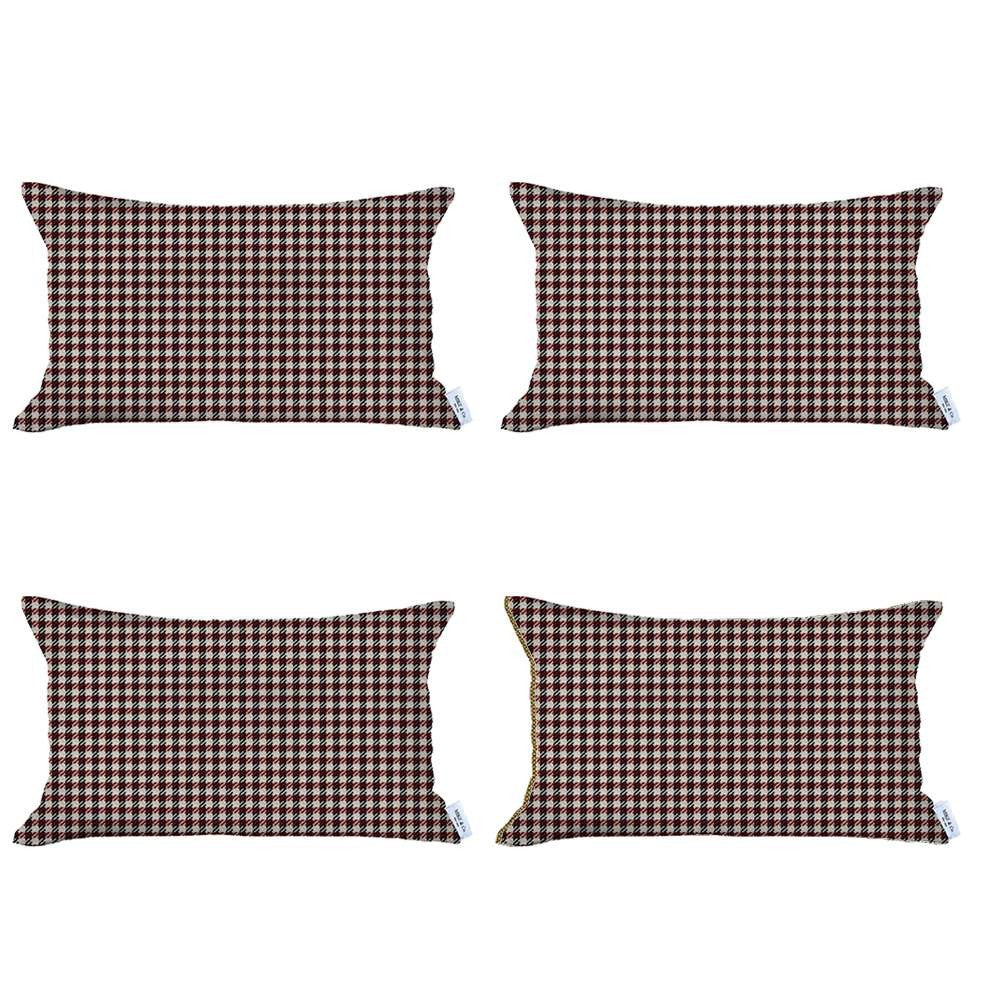 Set Of 4 Red Houndstooth Lumbar Pillow Covers