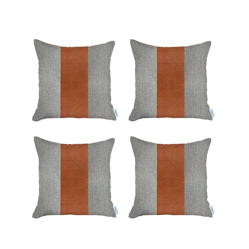 Set Of 4 White And Brown Faux Leather Pillow Covers