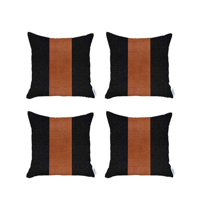 Set Of 4 Black And Brown Faux Leather Pillow Covers