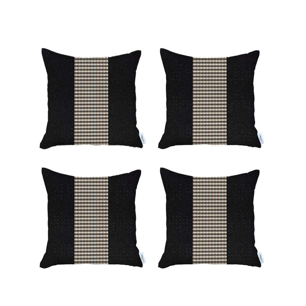 Set Of 4 Black And Tan Houndstooth Pillow Covers