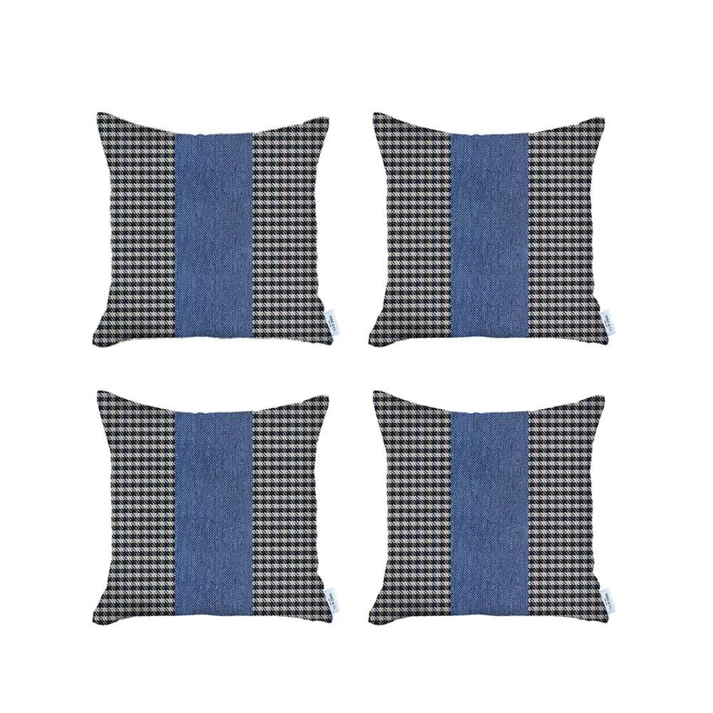 Set Of 4 Blue Houndstooth Pillow Covers