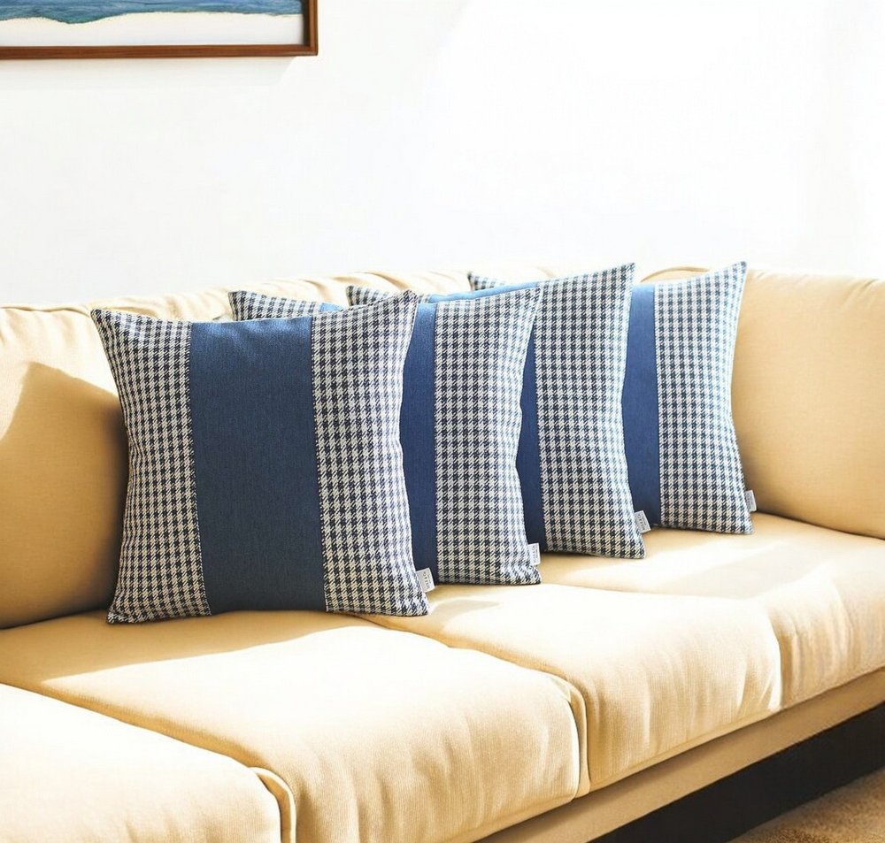 Set Of 4 Blue Houndstooth Pillow Covers