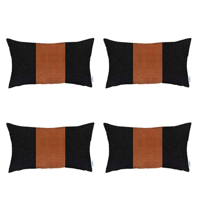 Set Of 4 Black Faux Leather Lumbar Pillow Covers