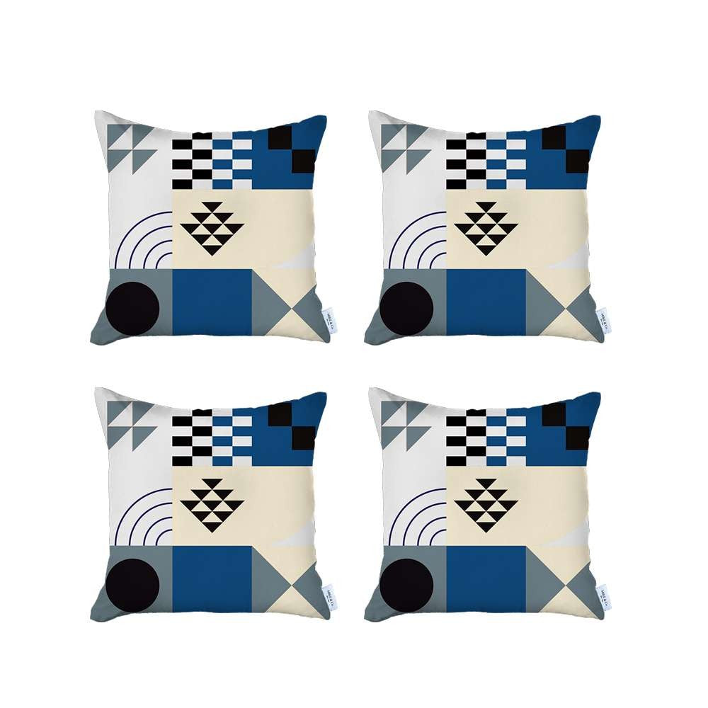 Set Of 4 Blue Boho Chic Printed Pillow Covers