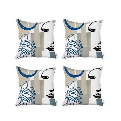 Set Of 4 Blue And Ivory Printed Pillow Covers