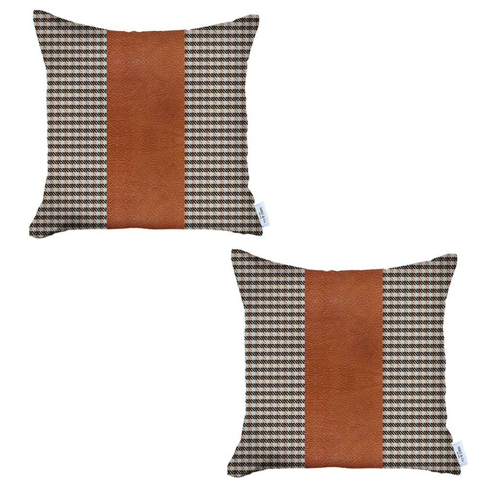 Set of Two Ivory and Brown Houndstooth Throw Pillow Covers