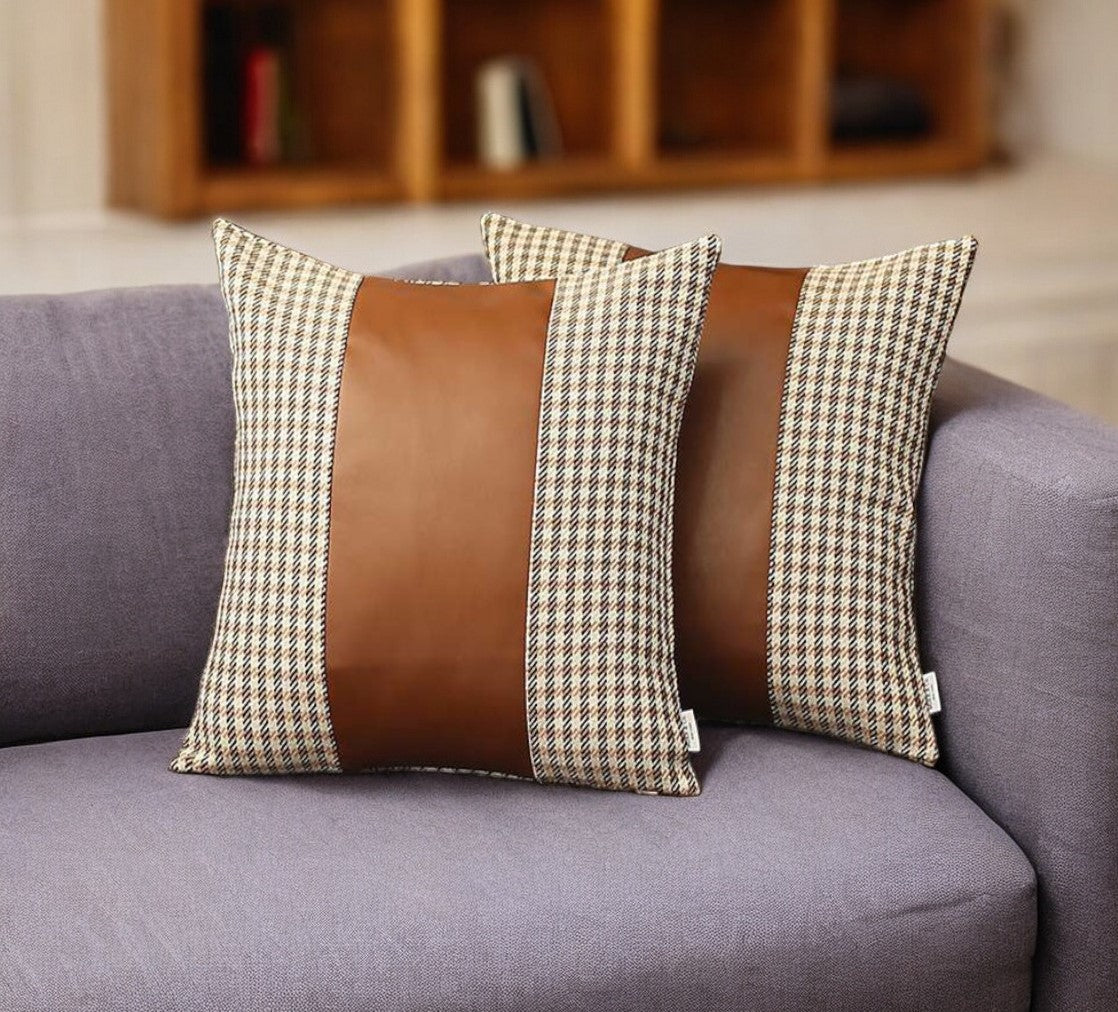 Set of Two Ivory and Brown Houndstooth Throw Pillow Covers