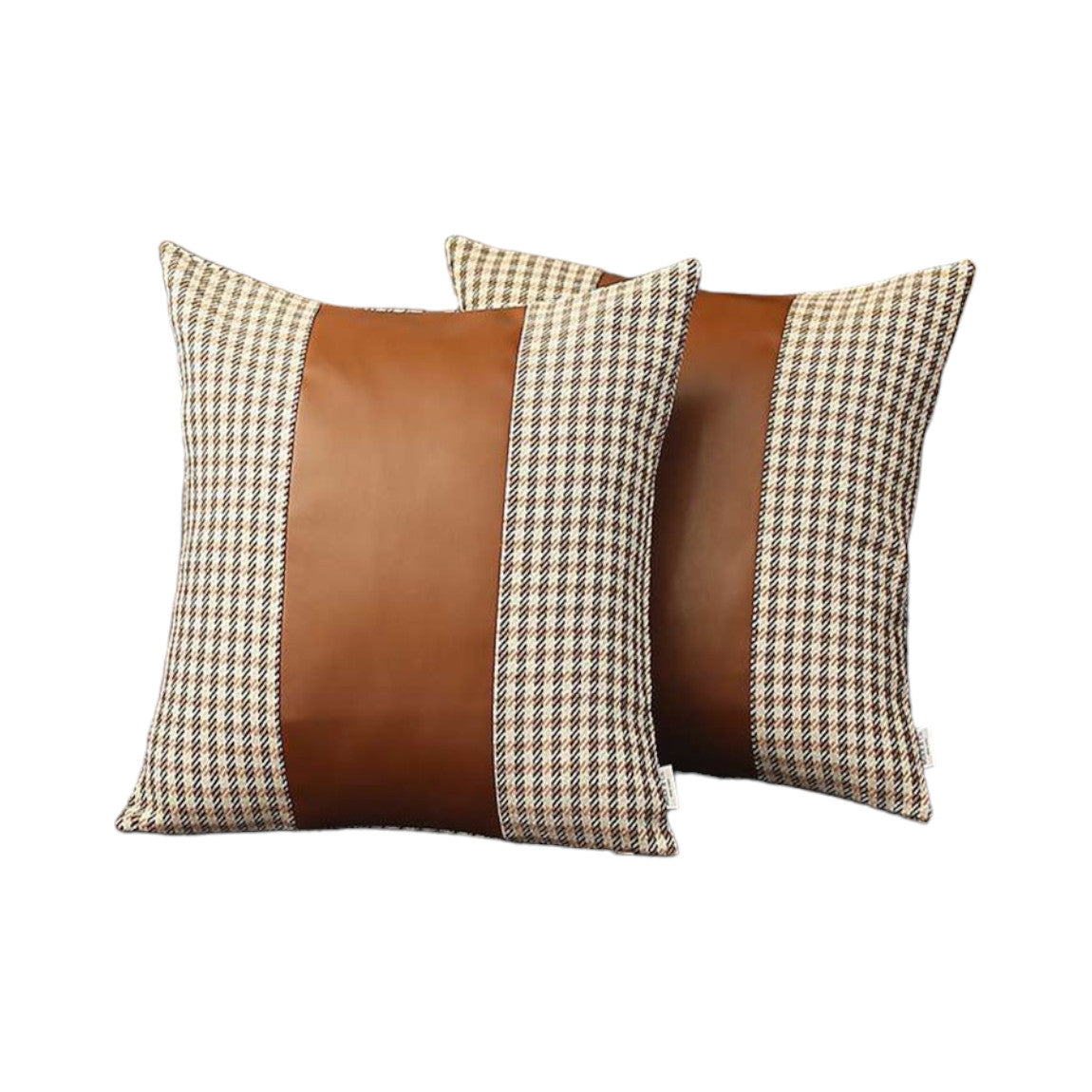 Set of Two Ivory and Brown Houndstooth Throw Pillow Covers