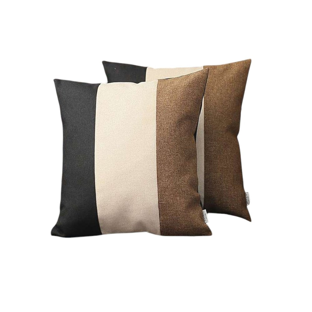 Set of Two 18" Black Ivory And Brown Fabric Throw Pillow Covers