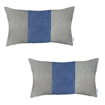 Set Of 2 Ivory And Blue Lumbar Pillow Covers