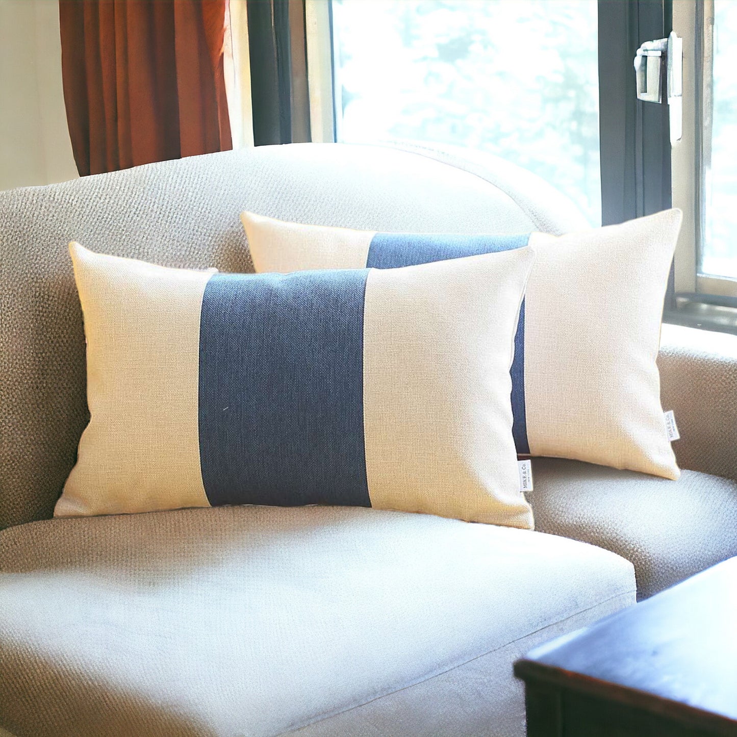 Set Of 2 Ivory And Blue Lumbar Pillow Covers