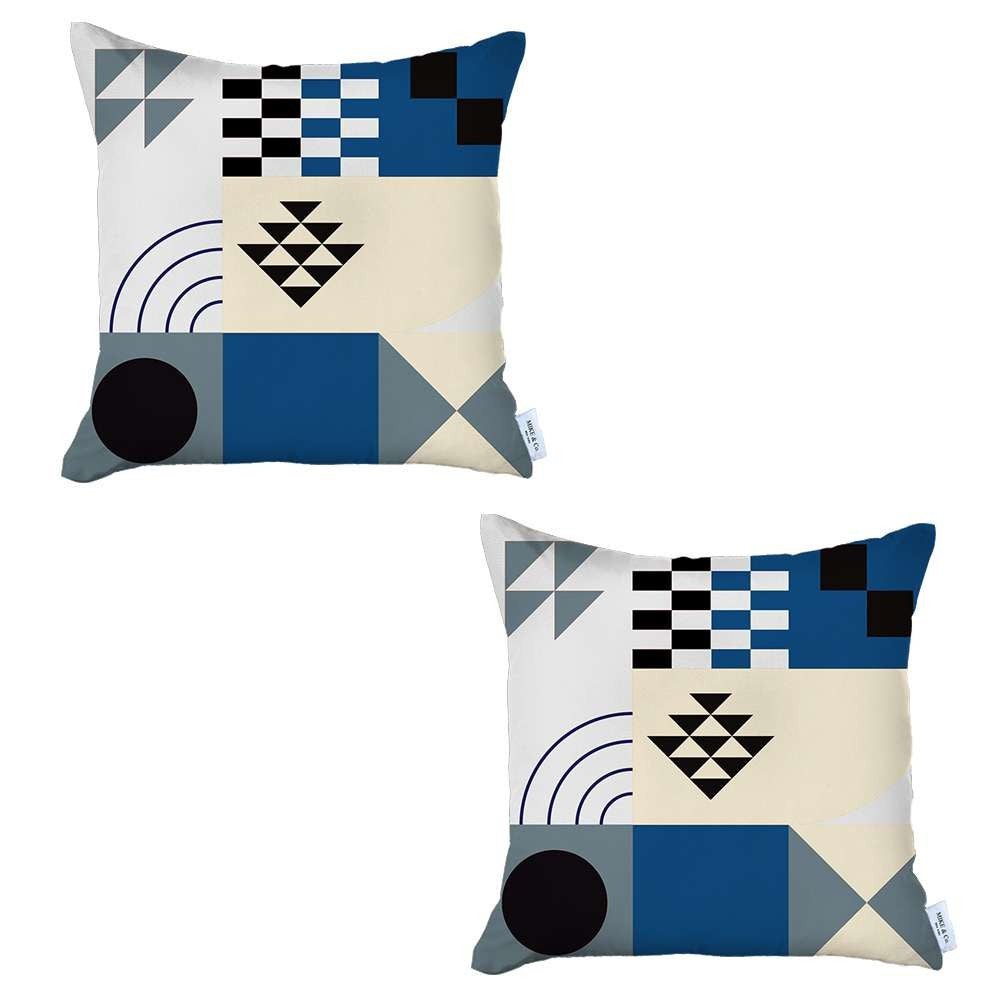 Set Of 2 Blue And Ivory Printed Pillow Covers