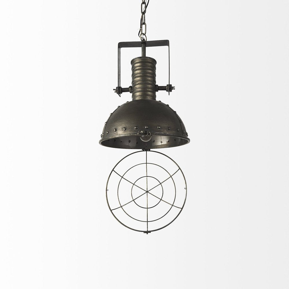 Antiqued Black Metal Hanging Industrial Caged Pendent Light