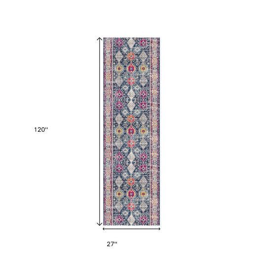 12' Blue And Ivory Oriental Runner Rug