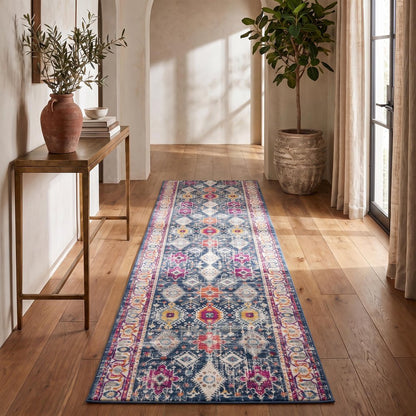 12' Blue And Ivory Oriental Runner Rug