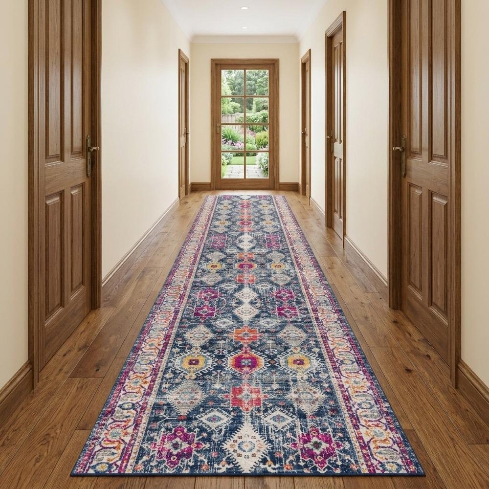 12' Blue And Ivory Oriental Runner Rug