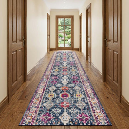 12' Blue And Ivory Oriental Runner Rug