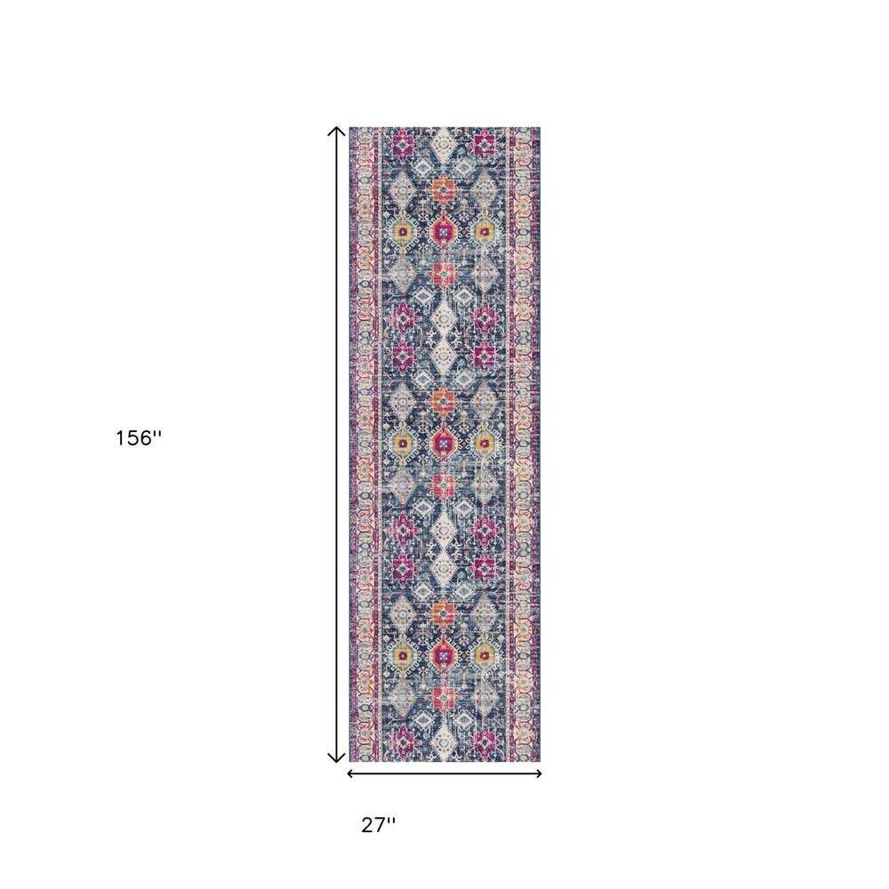 12' Blue And Ivory Oriental Runner Rug