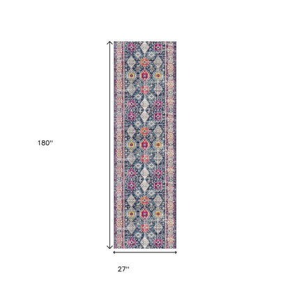 12' Blue And Ivory Oriental Runner Rug