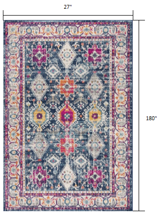 2' X 5' Blue and Ivory Oriental Area Rug