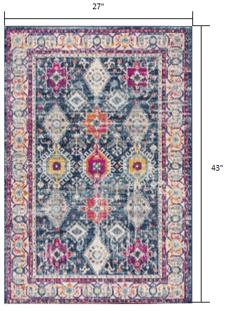 2' X 5' Blue and Ivory Oriental Area Rug