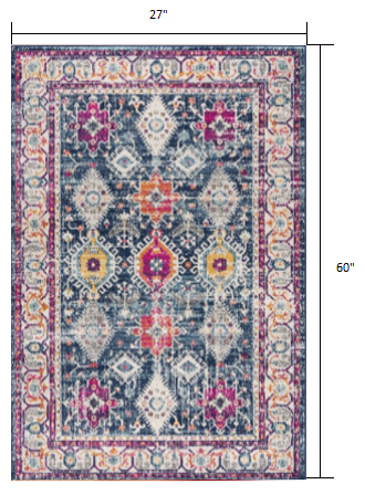 2' X 5' Blue and Ivory Oriental Area Rug