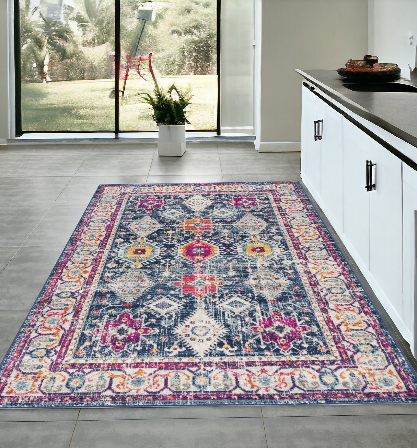 2' X 5' Blue and Ivory Oriental Area Rug