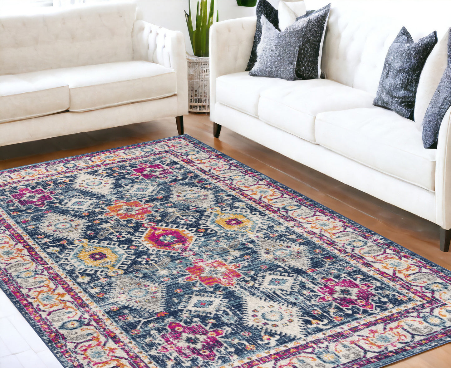 2' X 5' Blue and Ivory Oriental Area Rug