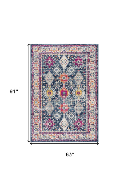 2' X 5' Blue and Ivory Oriental Area Rug