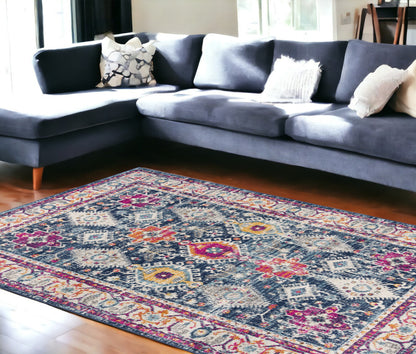 2' X 5' Blue and Ivory Oriental Area Rug