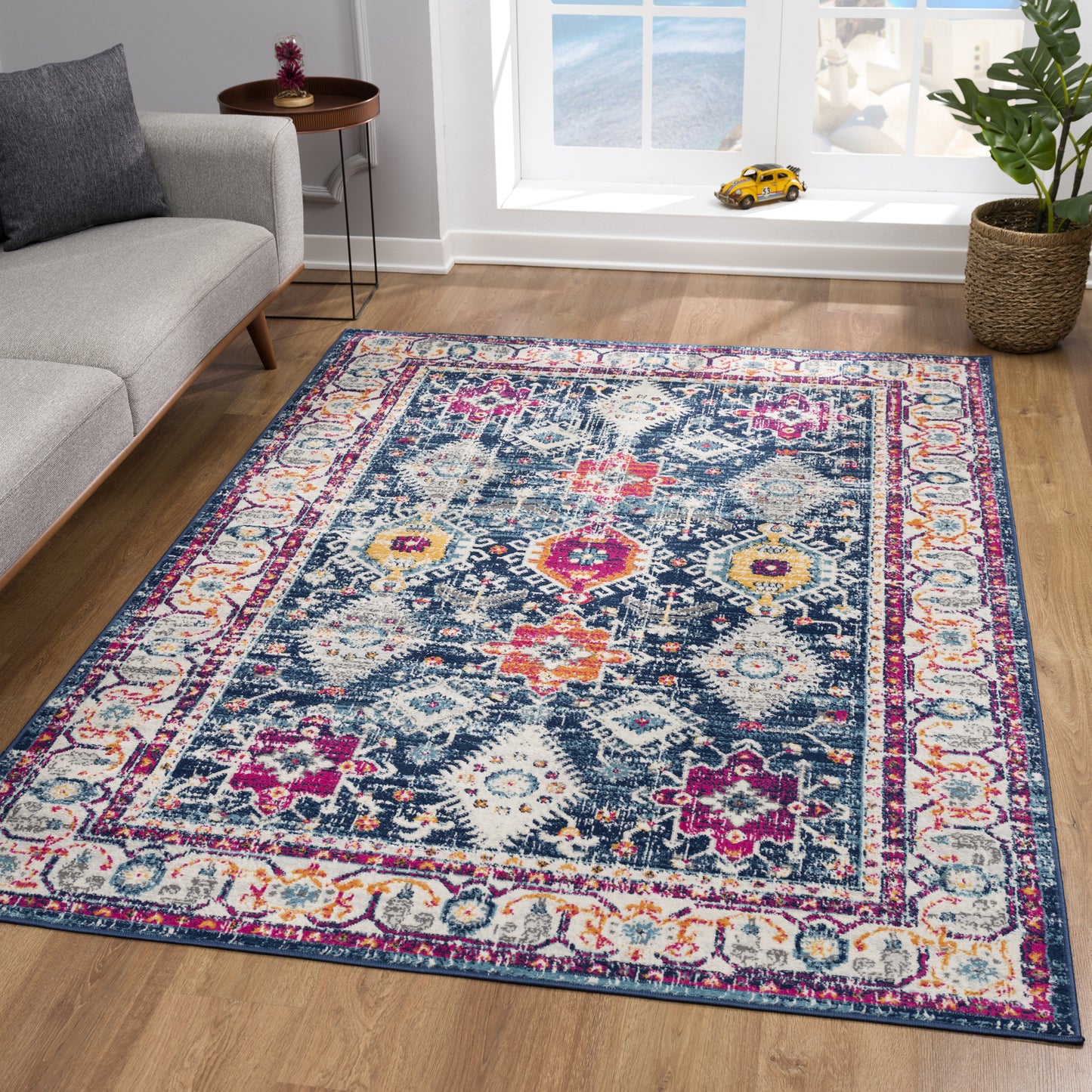 2' X 5' Blue and Ivory Oriental Area Rug