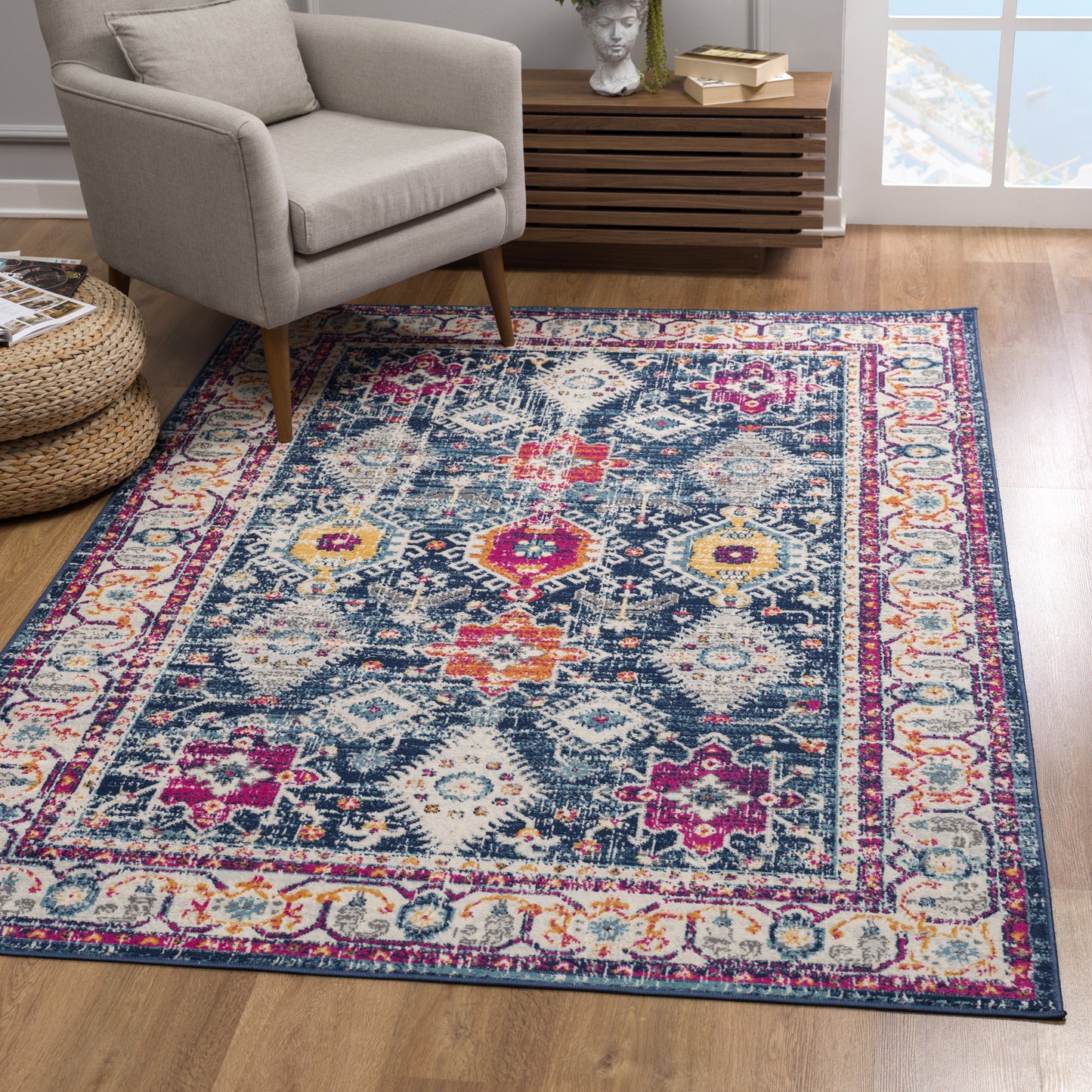 2' X 5' Blue and Ivory Oriental Area Rug