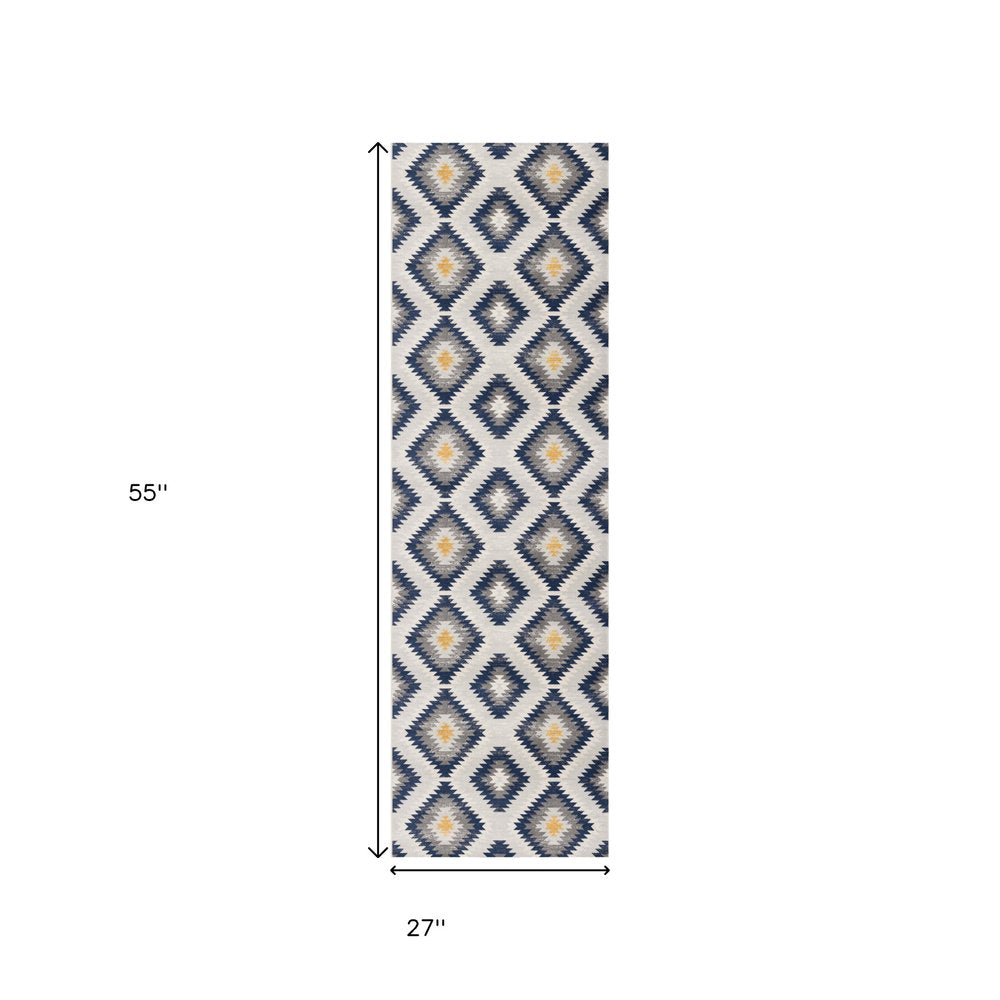 2' X 6' Blue Ikat Kilim Area Rug