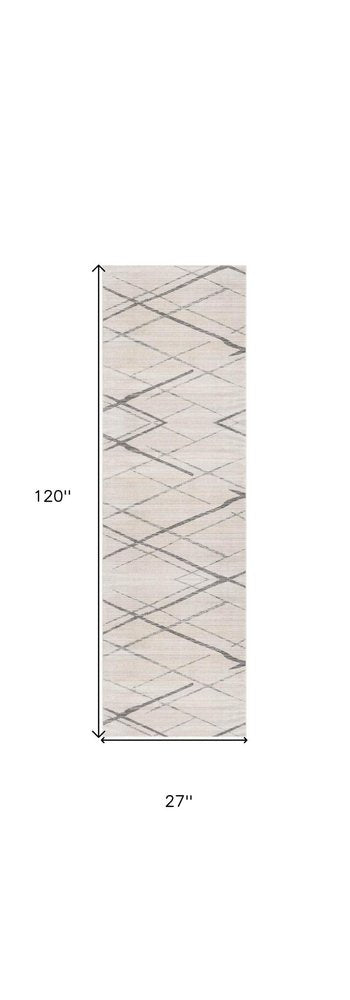 10' Gray And Ivory Geometric Runner Rug