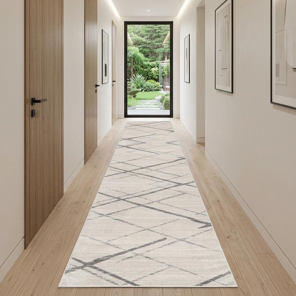 6' Gray And Ivory Geometric Runner Rug