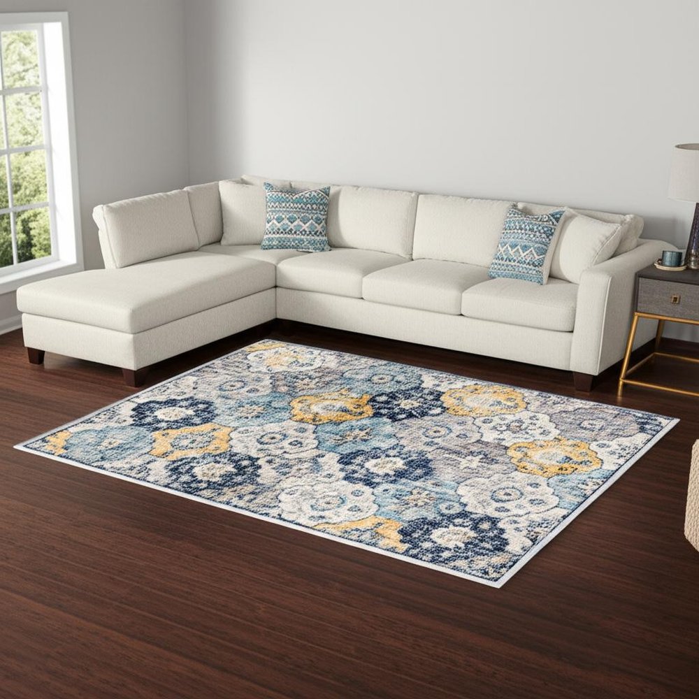12' X 18' Blue and Yellow Floral Washable Non Skid Area Rug