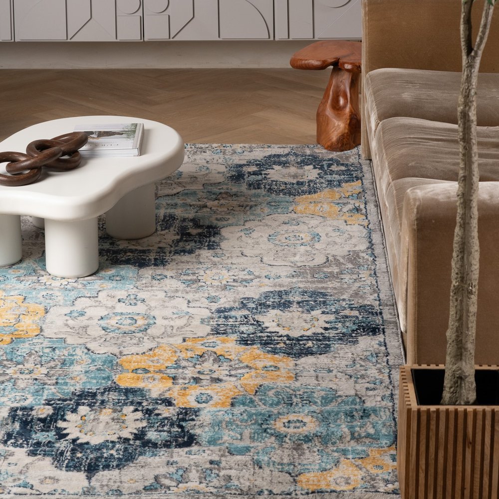 12' X 18' Blue and Yellow Floral Washable Non Skid Area Rug