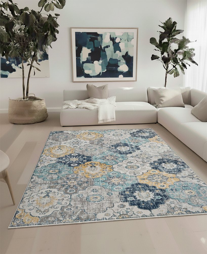 12' X 18' Blue and Yellow Floral Washable Non Skid Area Rug