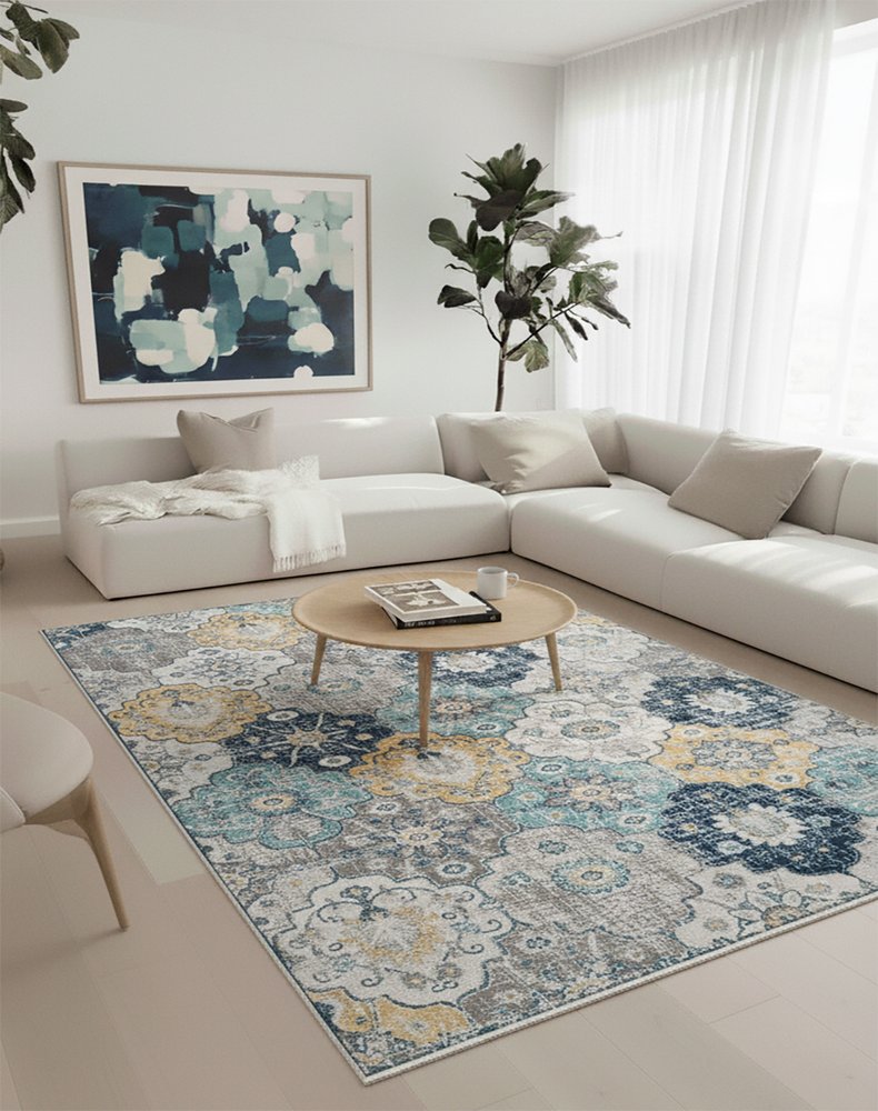 12' X 18' Blue and Yellow Floral Washable Non Skid Area Rug
