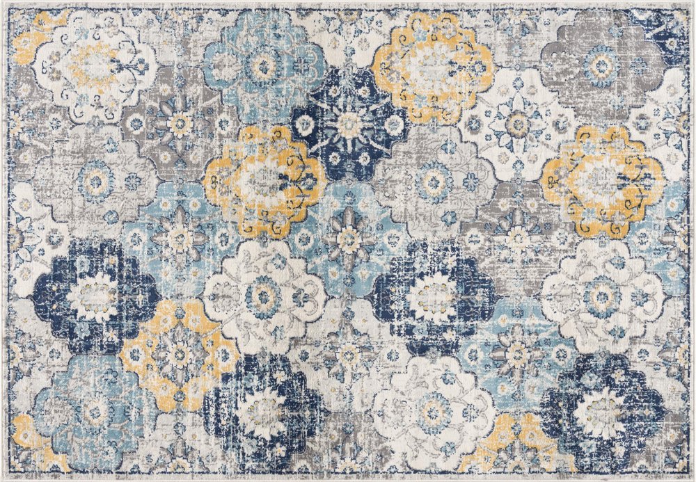 12' X 18' Blue and Yellow Floral Washable Non Skid Area Rug