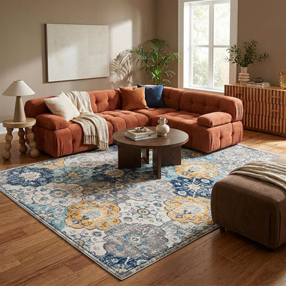12' X 18' Blue and Yellow Floral Washable Non Skid Area Rug