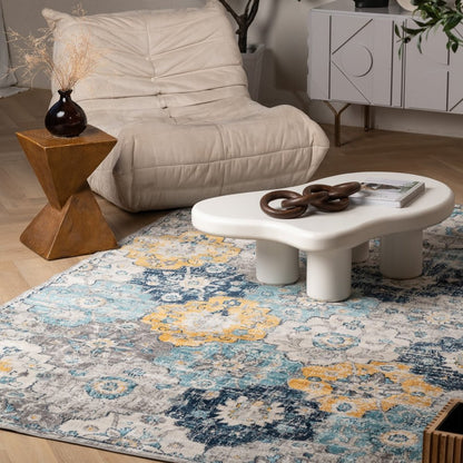 12' X 18' Blue and Yellow Floral Washable Non Skid Area Rug