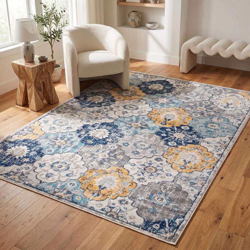 12' X 18' Blue and Yellow Floral Washable Non Skid Area Rug