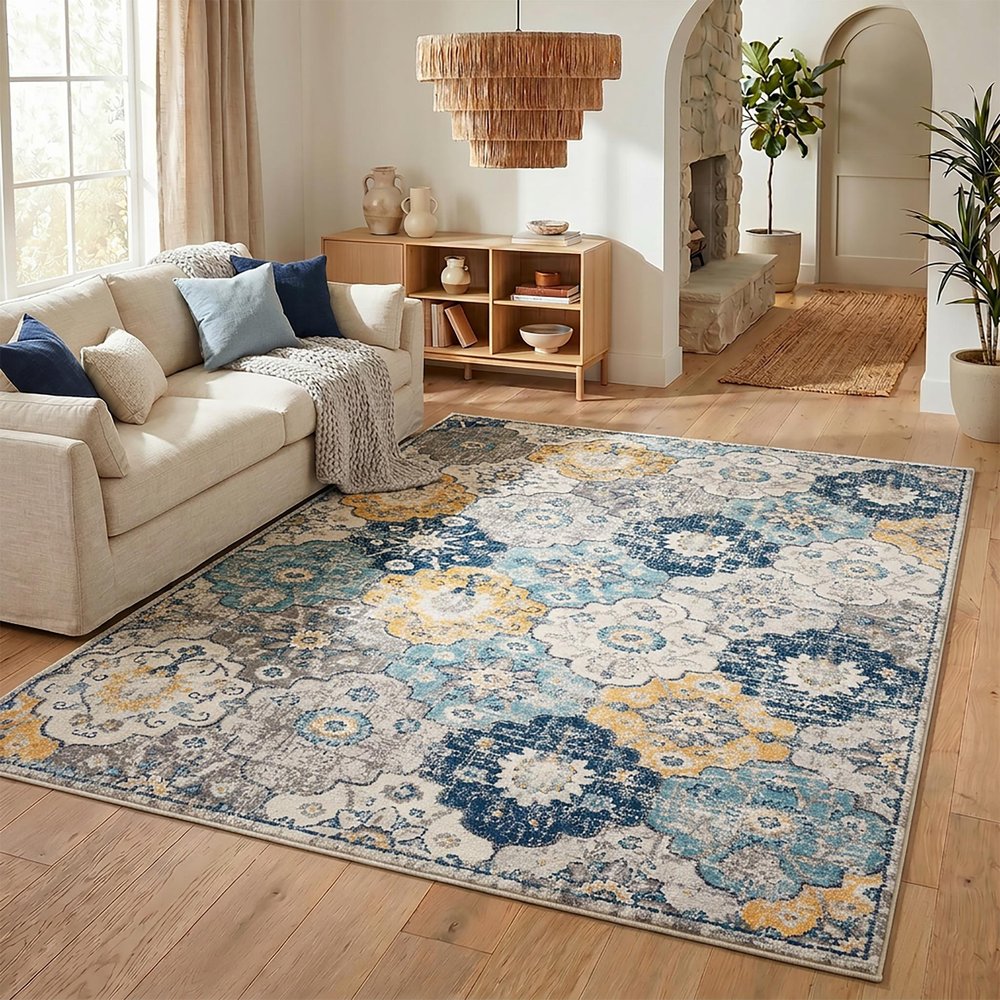 12' X 18' Blue and Yellow Floral Washable Non Skid Area Rug