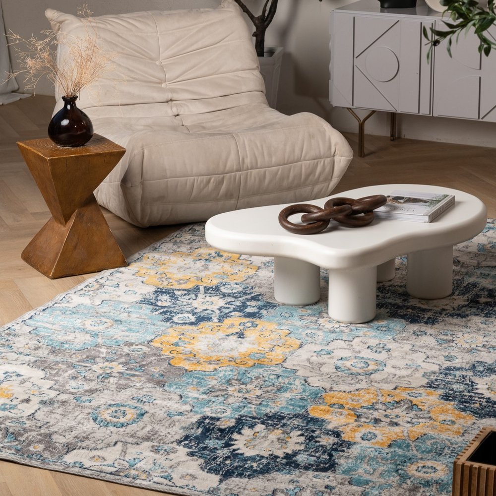 12' X 18' Blue and Yellow Floral Washable Non Skid Area Rug